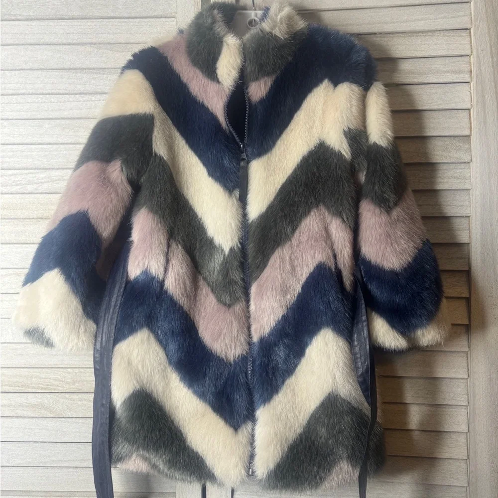 Imoga Faux Fur Coat Girls Size 4 Chevron Belted Jacket HTF Boutique